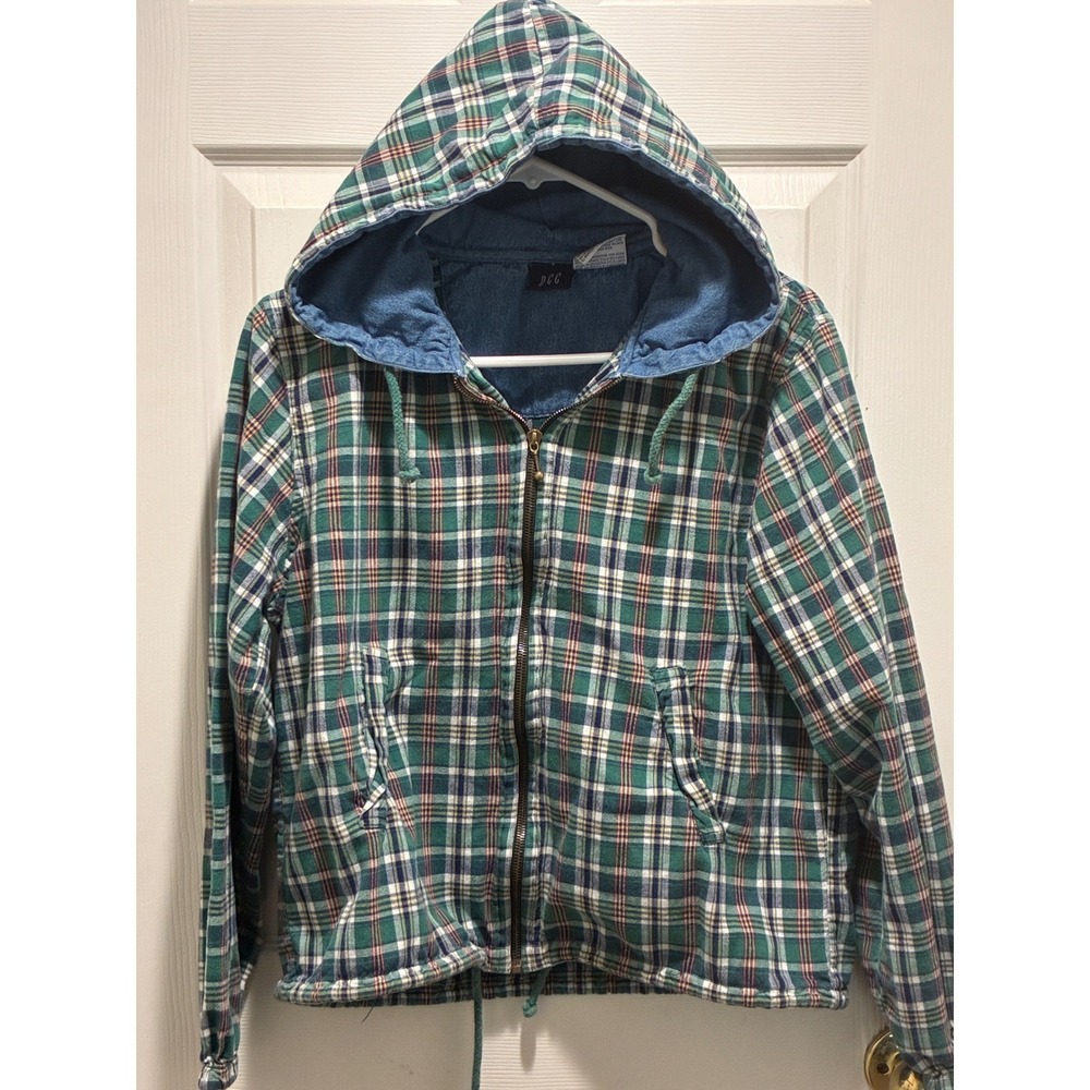 Vintage DCG Plaid Zip Up Hoodie Green Blue Checkered Denim Lined Hood Jacket